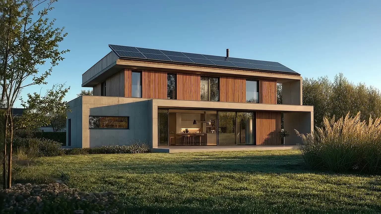 Modernes Einfamilienhaus mit Photovoltaik am Morgen