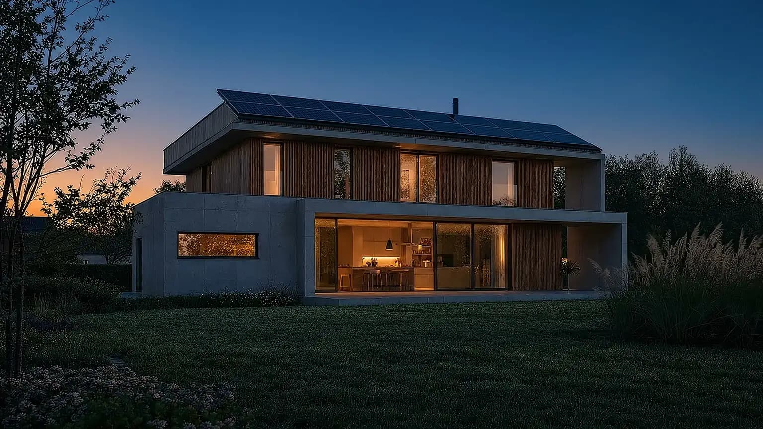 Das Haus in der Abenddämmerung, erste Fenster leuchten